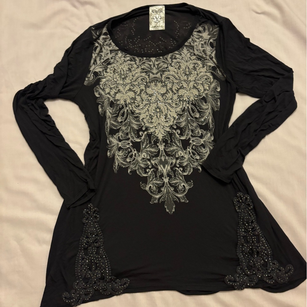 Y2k Vocal Black Top with Silver and Rhinestone Designs